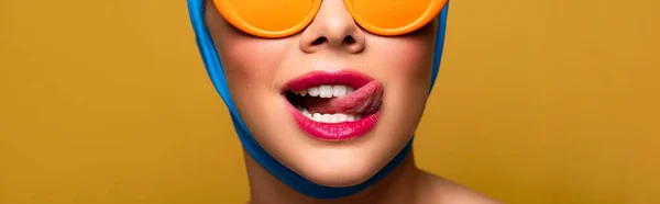 Panoramic Shot Girl Scarf Fashionable Sunglasses Licking Lip Isolated Yellow — Stock Photo, Image