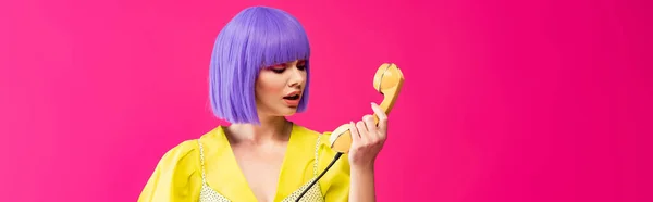 Panoramic Shot Beautiful Emotional Girl Purple Wig Holding Retro Telephone — Stock Photo, Image