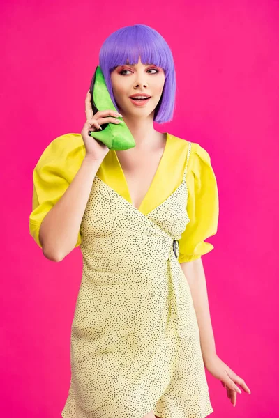 Attractive Pop Art Girl Purple Wig Holding Green Shoe Phone — Stock Photo, Image