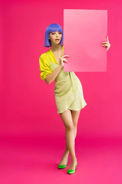 Pop Art Girl Purple Wig Yellow Dress Holding Blank Placard — Stock Photo, Image