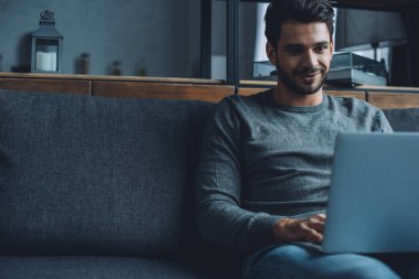 Oturma odasında kanepede otururken dizüstü bilgisayarda porno izleyen gülümseyen adam.