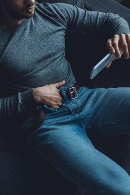 Akıllı telefondan porno izleyen ve kanepede mastürbasyon yapan bir adam görüntüsü. 