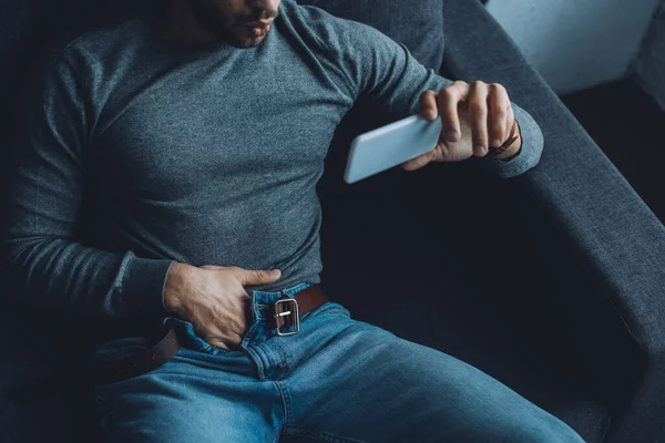 High Angle View Young Man Masturbating While Watching Pornography Smartphone — Stock Photo, Image