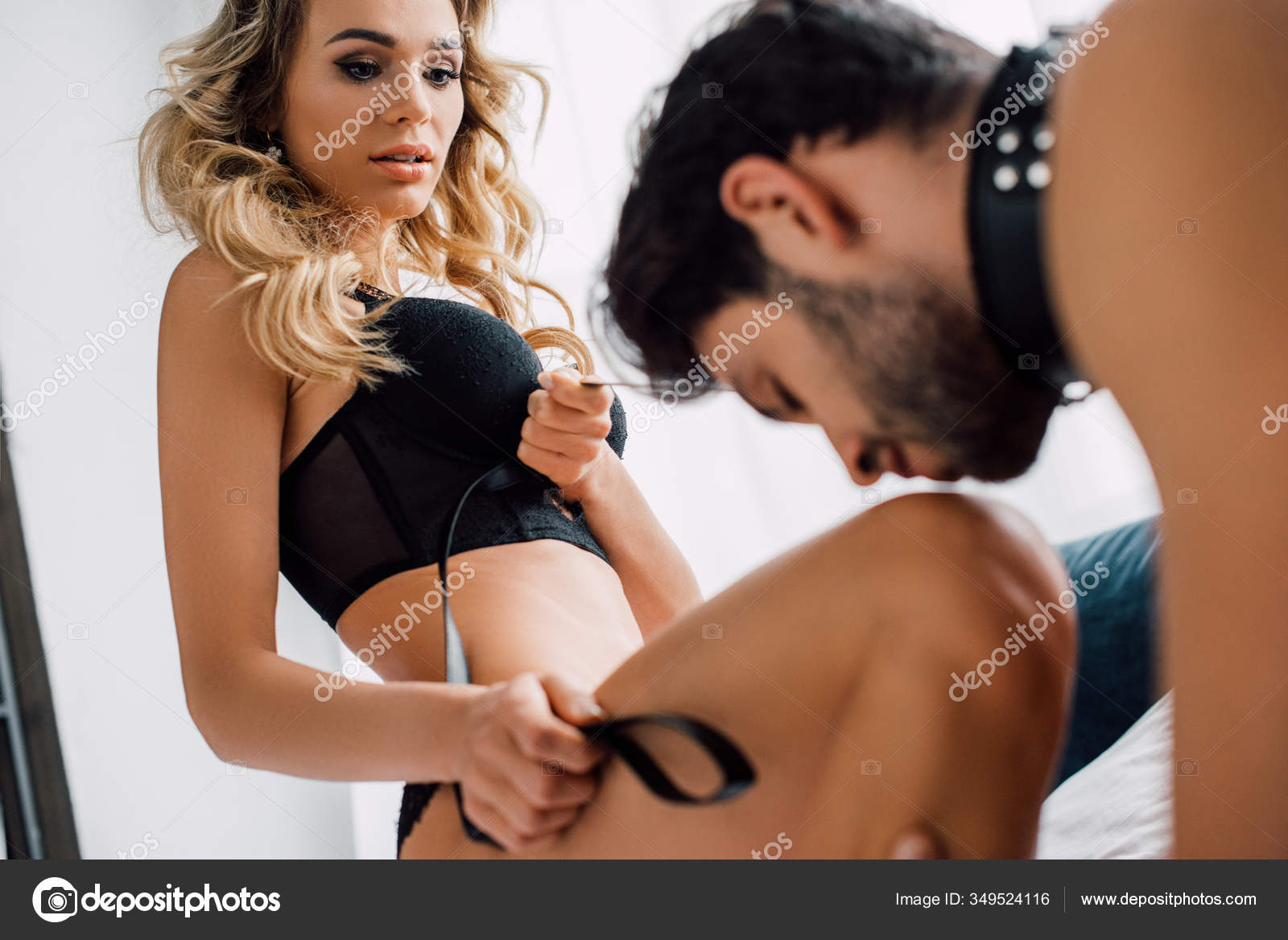 Selective Focus Dominant Woman Holding Bdsm Leash Submissive Boyfriend Kissing Stock Photo by ©VitalikRadko 349524116