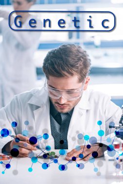 selective focus of handsome biochemist in goggles holding tweezers near green plant, genetic illustration clipart