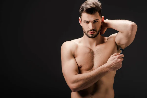 Handsome Naked Man Shaving Armpits Razor Isolated Black — Stock Photo, Image