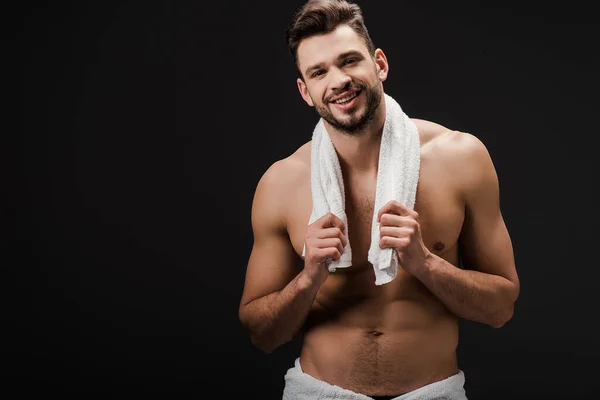 Handsome Brunette Man Towel Isolated Black — Stock Photo, Image