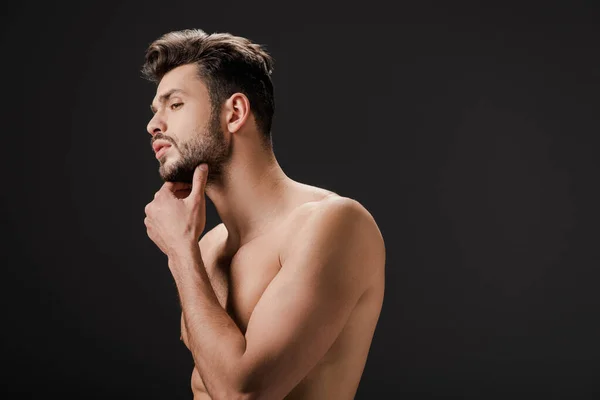Pohledný Sexy Nahý Muž Dotýkající Vousy Izolované Černé — Stock fotografie