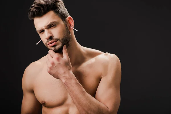Sexy Thoughtful Naked Man Ear Swabs Isolated Black — Stock Photo, Image