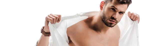 Tiro Panorámico Hombre Musculoso Sexy Camisa Blanca Aislada Blanco —  Fotos de Stock