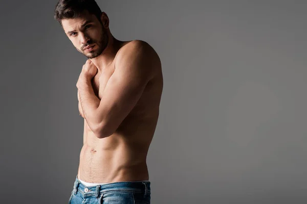 Barbudo Sexy Sin Camisa Hombre Jeans Aislado Gris —  Fotos de Stock