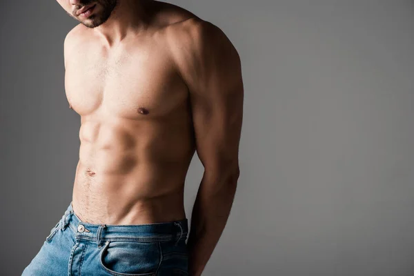 Cropped View Sexy Shirtless Man Jeans Isolated Grey — Stock Photo, Image