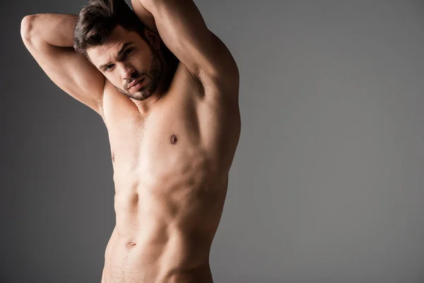 Sexy Muscular Naked Young Man Grey — Stock Photo, Image