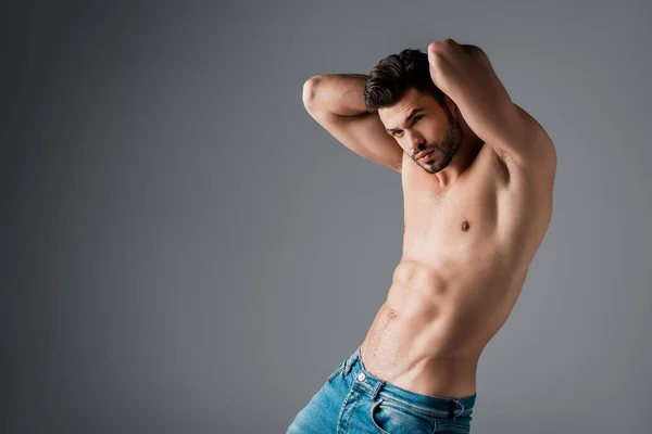 handsome sexy shirtless man in jeans on grey