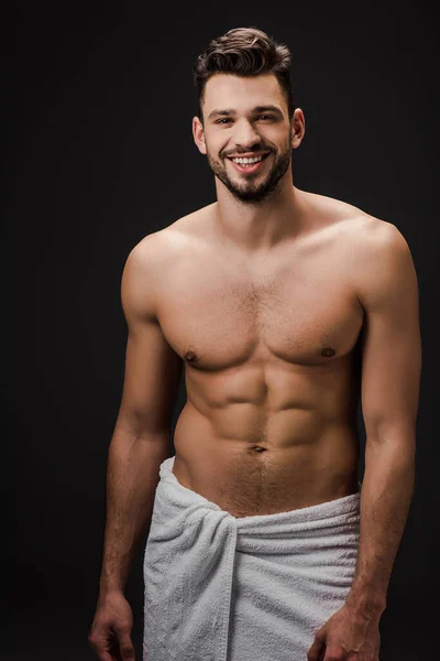 Smiling Sexy Muscular Man Towel Isolated Black — Stock Photo, Image
