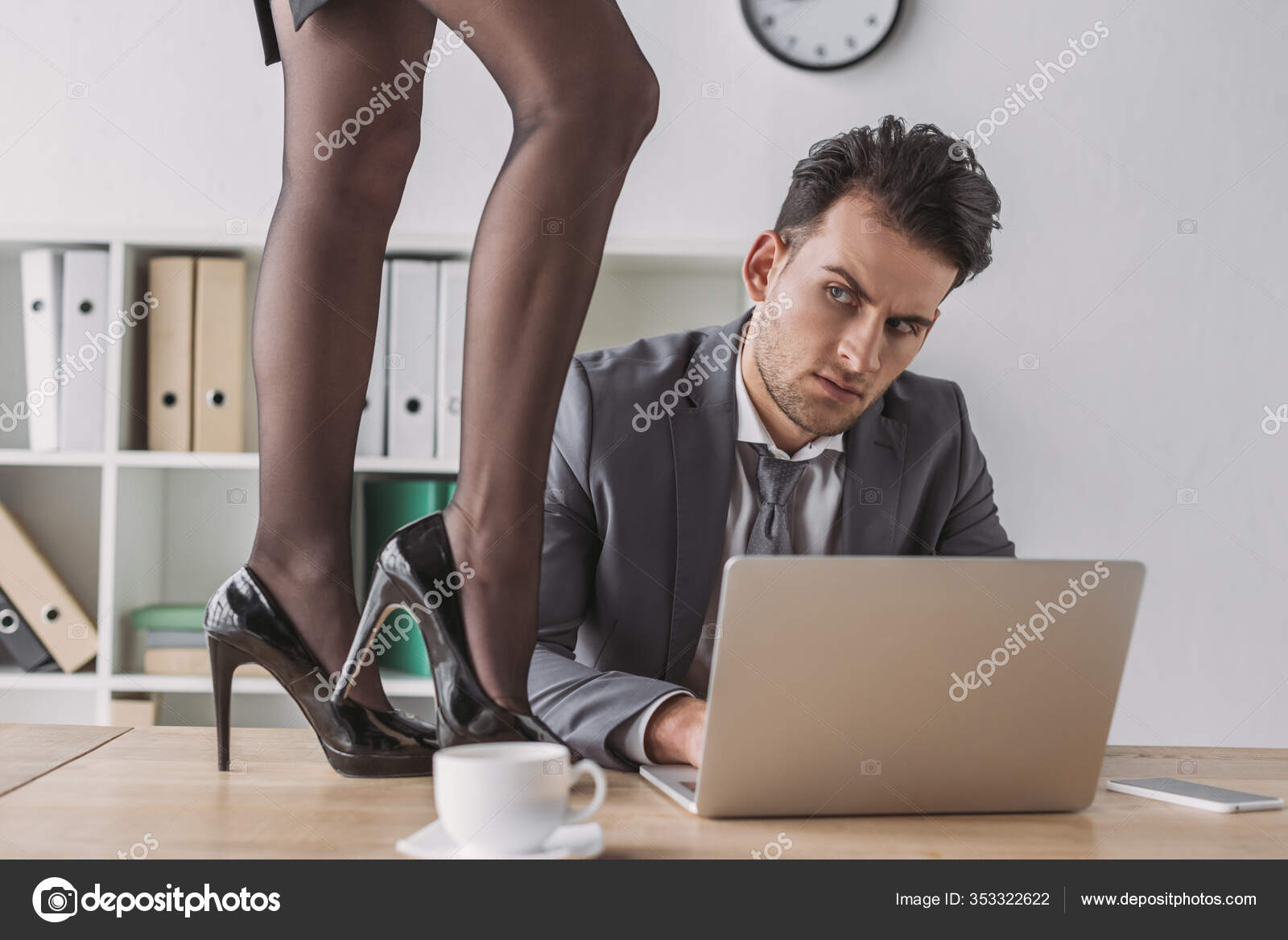 Partial View Sexy Secretary High Heeled Shoes Standing Desk Businessman Stock Photo C Vitalikradko 353322622