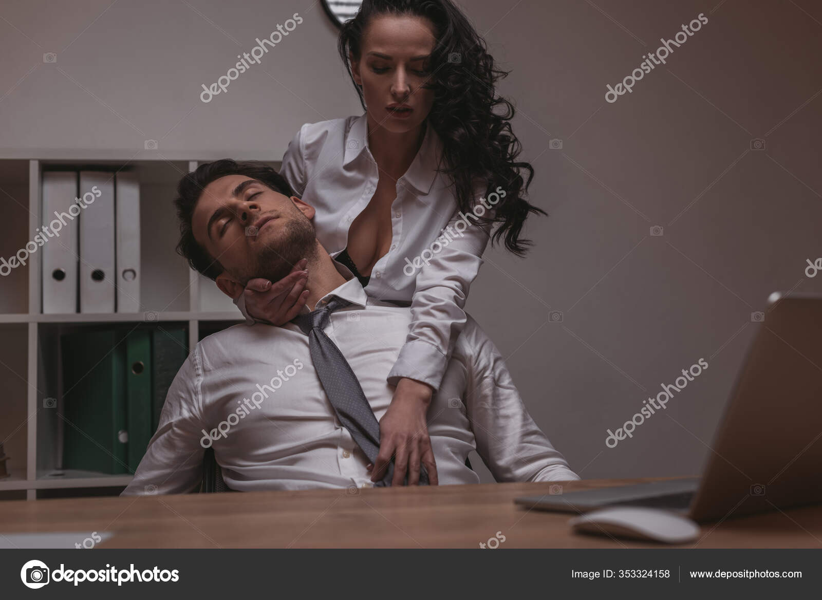 Seductive Secretary Unbuttoned Blouse Embracing Handsome Businessman Sittin...
