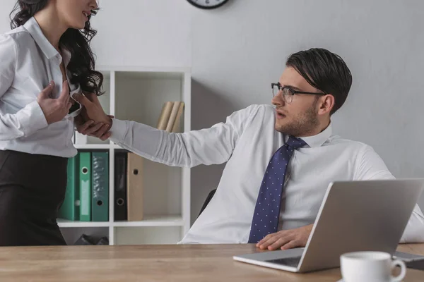 Sexy Businesswoman Seducing Colleague Office While Touching Her Breast — Stock Photo, Image