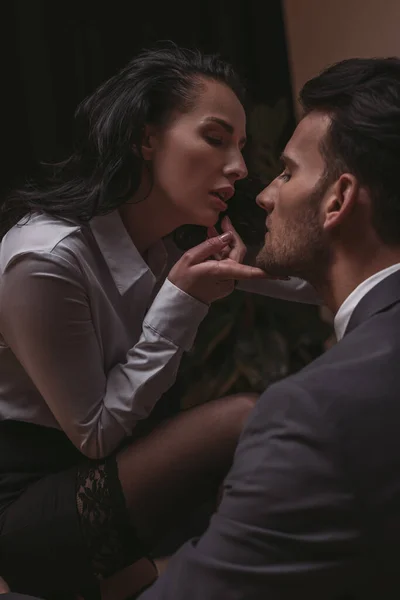 Attractive Sexy Secretary Touching Chin Handsome Businessman — Stock Photo, Image