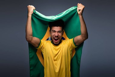 Duygusal Afro-Amerikan futbol fanatiği gri üzerinde Brezilya bayrağı tutuyor
