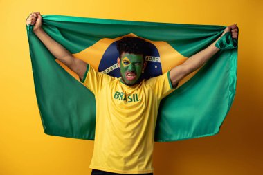 Duygusal Afro-Amerikan futbol fanatiği boyalı yüzüyle sarıda Brezilya bayrağı taşıyor.