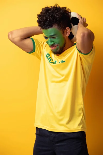 Crying African American Football Fan Face Painted Brazilian Flag Holding — Stock Photo, Image