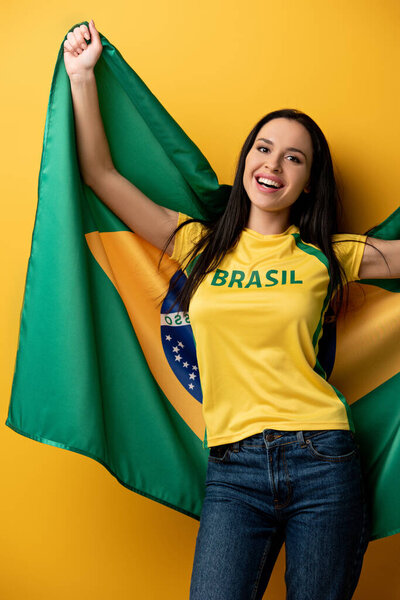 привлекательная веселая футбольная фанатка с бразильским флагом на желтом
