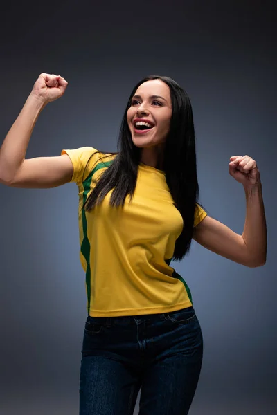 Happy Emotional Football Fan Gesturing Grey — Stock Photo, Image