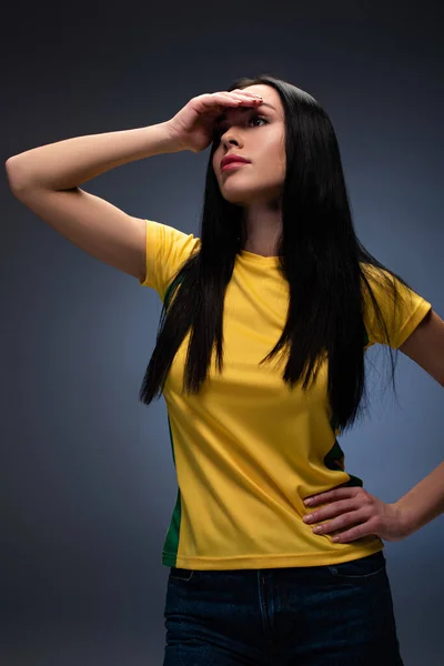 Attractive Thoughtful Young Woman Holding Head Grey — Stock Photo, Image