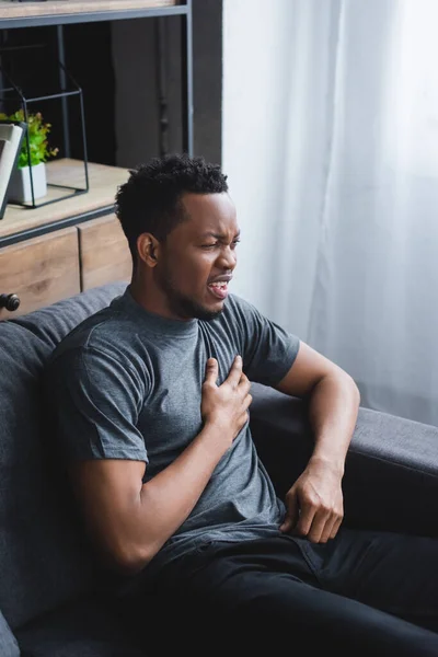 Worried African American Man Having Heart Attack Home — Stock Photo, Image