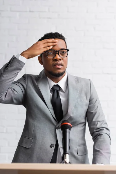 Stressed African American Speaker Thinking Business Conference — Stock Photo, Image