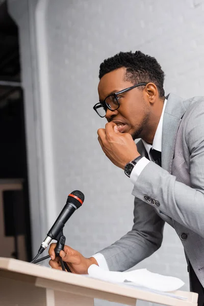 Nervous African American Speaker Biting Nails Business Conference Office — Stock Photo, Image