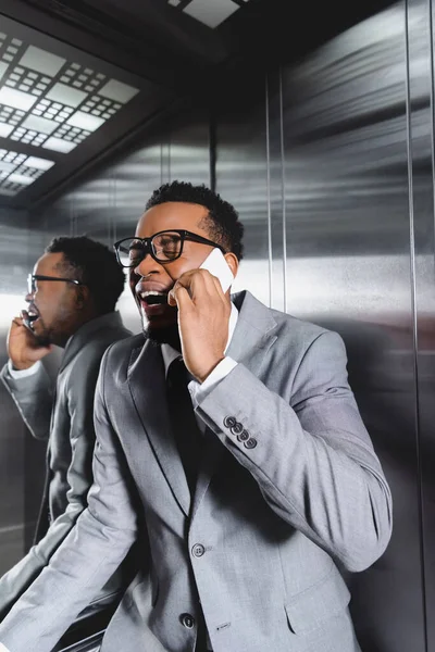 Stressed African American Businessman Crying Talking Smartphone While Suffering Panic — Stock Photo, Image