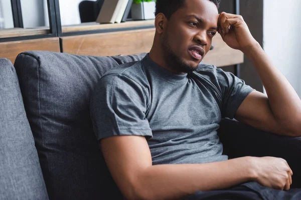 Sad African American Man Psychology Problem Sitting Sofa Home — Stock Photo, Image