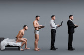collage of man sitting on bed, standing and using laptop in formal wear on grey, evolution concept 