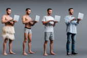 Collage aus muskulösem Höhlenmenschen, Mann in Boxershort und Geschäftsmann mit Laptop auf grauem, evolutionärem Konzept 