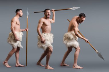 collage of shirtless caveman with spear on grey, evolution concept  clipart