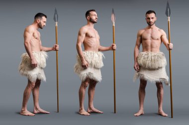 collage of muscular caveman with spear on grey, evolution concept  clipart