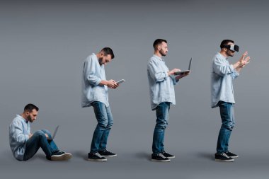 collage of bearded man using gadgets on grey, evolution concept  clipart