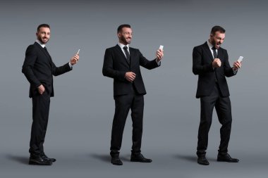 collage of happy businessman using smartphone on grey, evolution concept  clipart