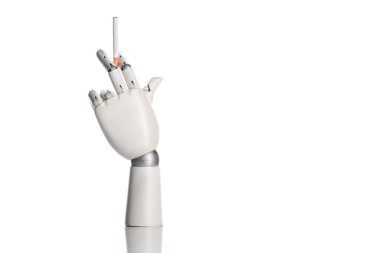robotic hand holding cigarette isolated on white  clipart