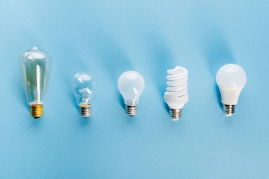 top view of light bulbs on blue, evolution concept  clipart