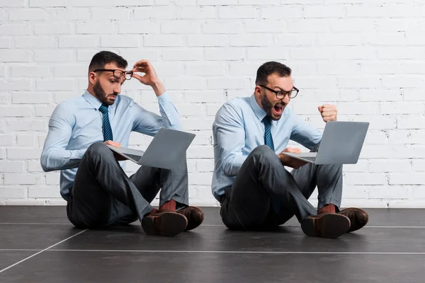 Colagem Homem Negócios Emocional Barbudo Usando Laptop Perto Parede Tijolo — Fotografia de Stock