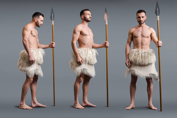 collage of muscular caveman with spear on grey, evolution concept 