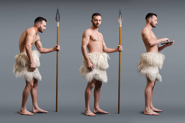 collage of muscular caveman with spear and laptop on grey, evolution concept 