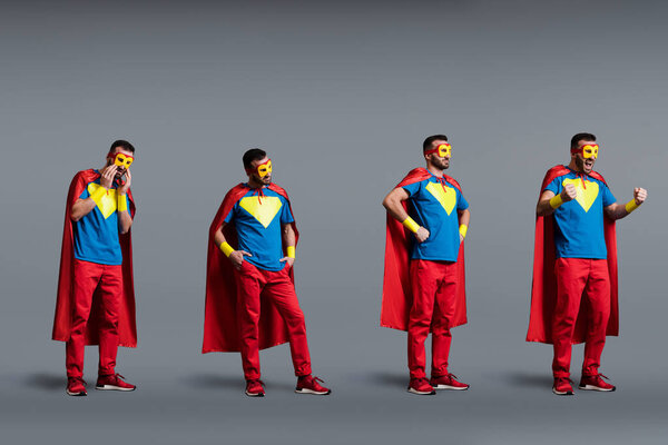 коллаж супергероя в маске, позирующий на сером, эволюционная концепция
 