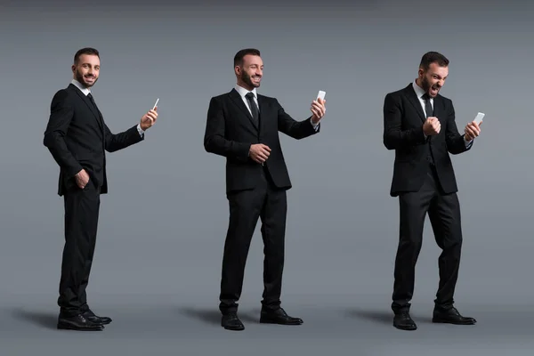 スマートフォンをグレーで進化のコンセプトにした幸せなビジネスマンのコラージュ — ストック写真