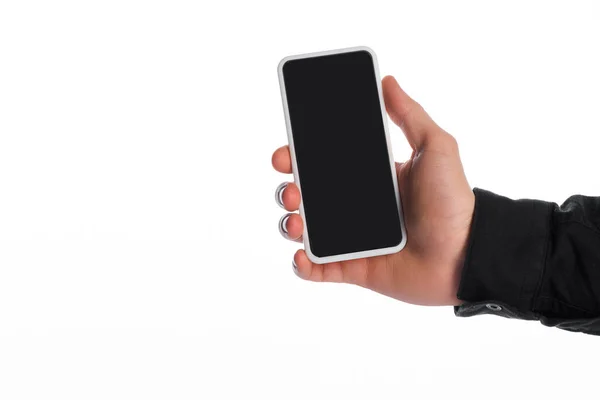 Περικοπή Άποψη Του Ανθρώπου Κρατώντας Smartphone Λευκή Οθόνη Απομονώνονται Λευκό — Φωτογραφία Αρχείου