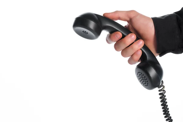 Beskärd Bild Man Som Håller Retro Telefon Isolerad Vit Evolution — Stockfoto