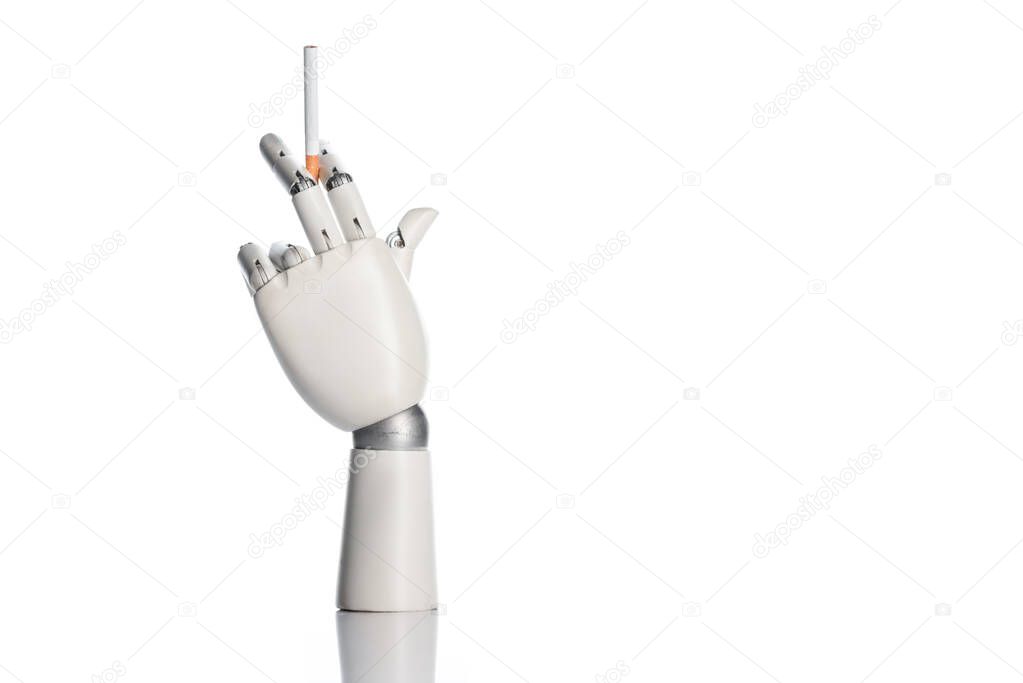 robotic hand holding cigarette isolated on white 